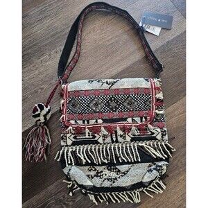 Chloe & Lex Canvas Tote Bag Purse Shoulder Crossbody Red Black Fringe Sequin Pom